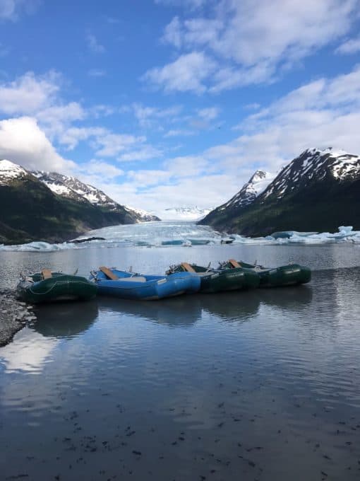 Raft boats at the put in at Spencer Glacier